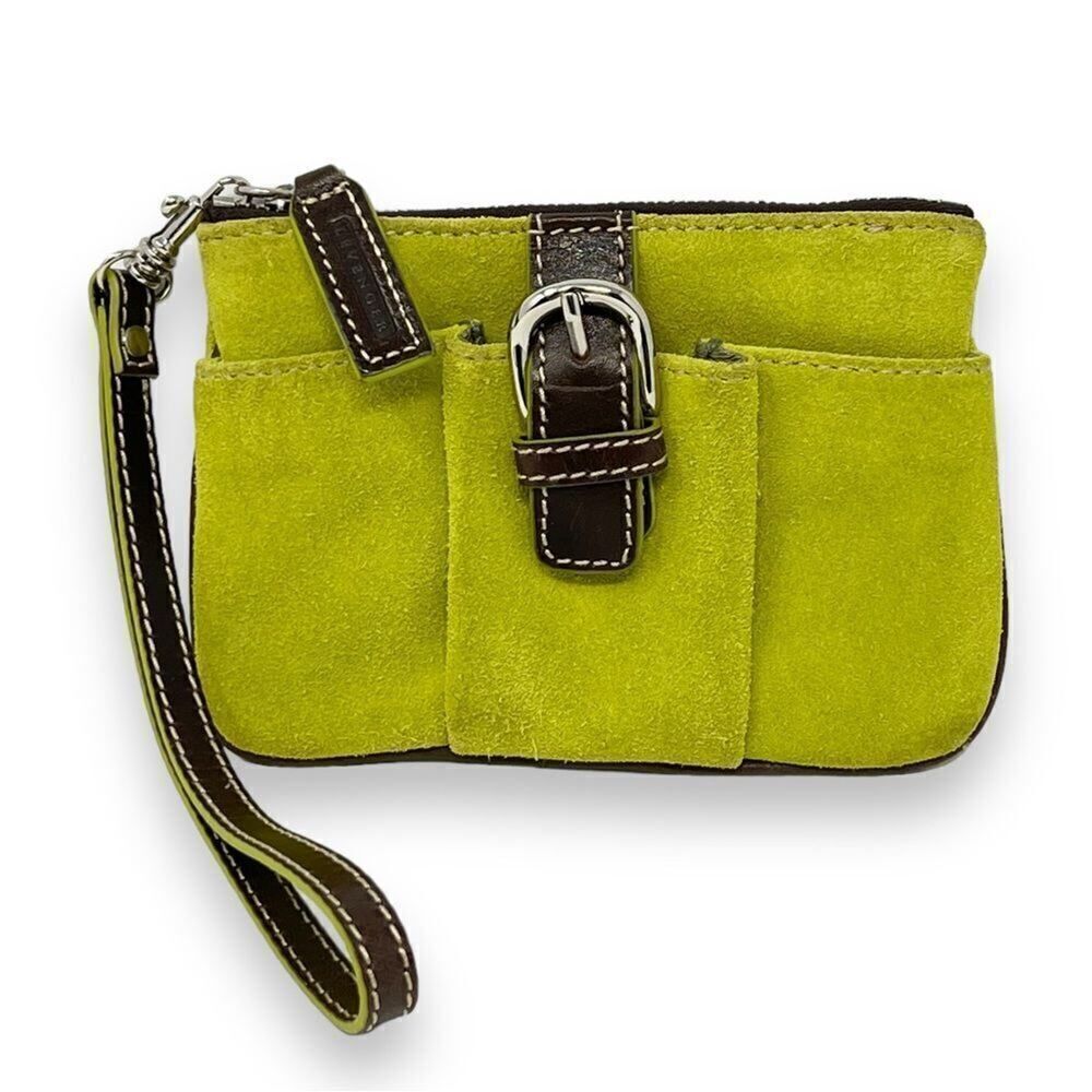 Levenger Wristlet Wallet Lime Green Suede with Brown Leather Trim and Buckle